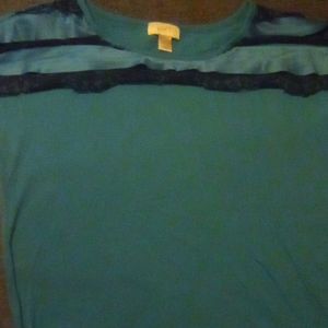 Loft Teal Blouse With Black Lace Trim Across Chest